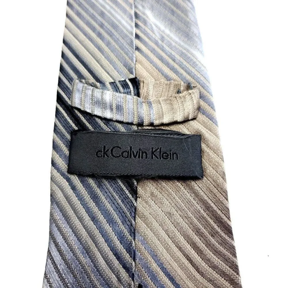 Calvin Klein Grey Beige Silk‎ Tie Woven Long Striped